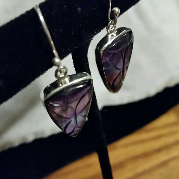 .925 Silver Hand Carved Rainbow Flourite Earrings - Picture 5 of 5